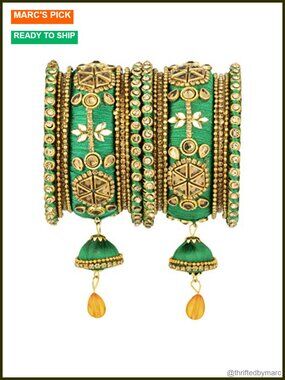 Faux Stone Studded Silk Thread Bangle Chuda Set with Jhumki Tassel Indian